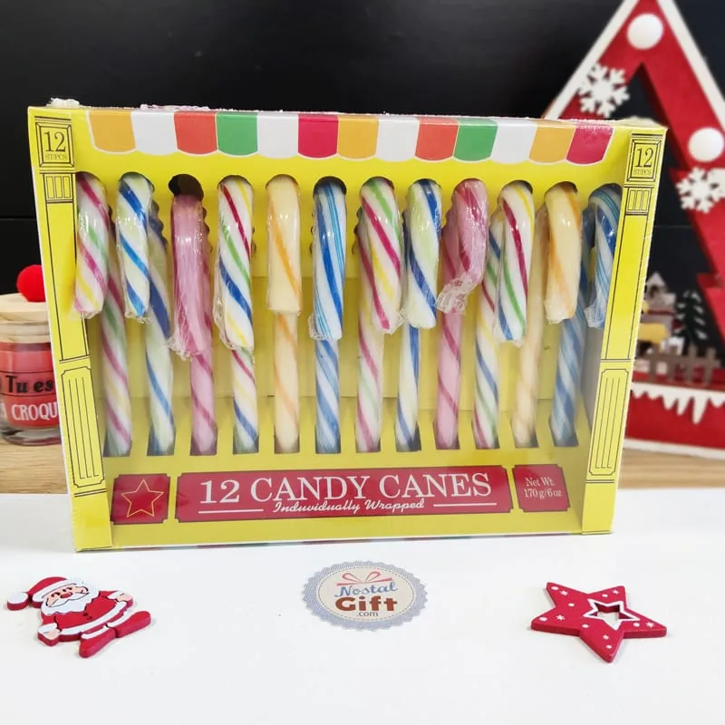 Boîte de 12 sucres d'orge colorés goût fruits - Cannes de Noël - NostalGift.com