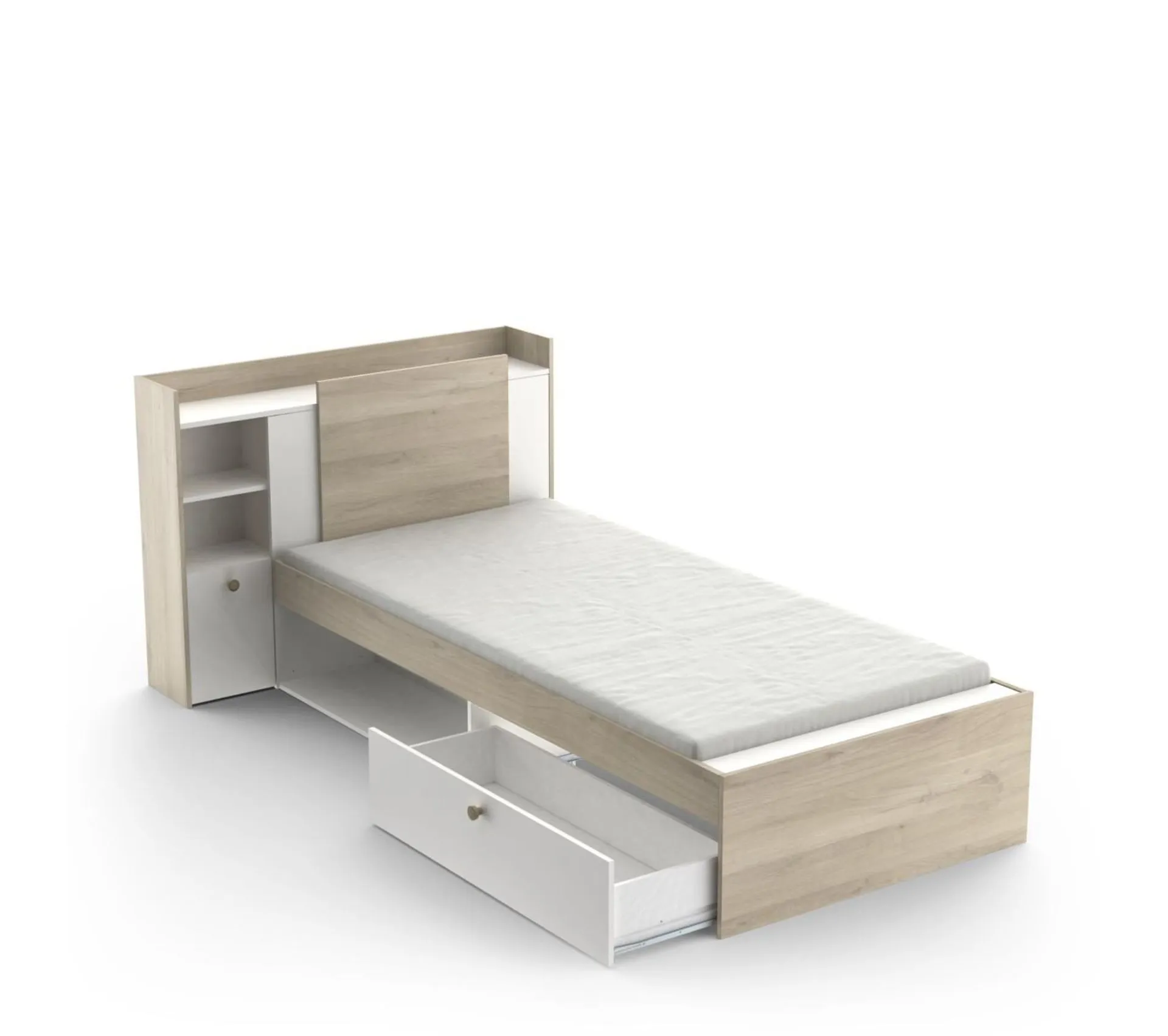 Lit 90x190/200 avec rangements NATHAN imitation chêne et blanc