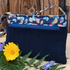 Pochette bandoulière velours côtelé et ginkgo marine