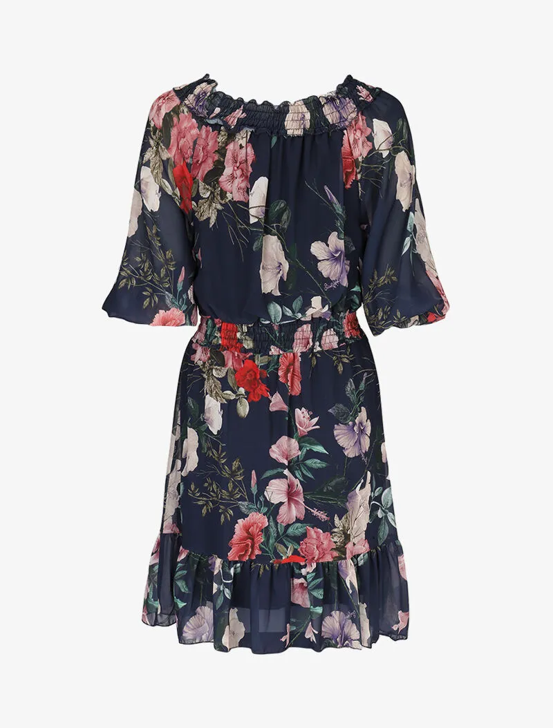 Robe à col bardot et imprimés - marine