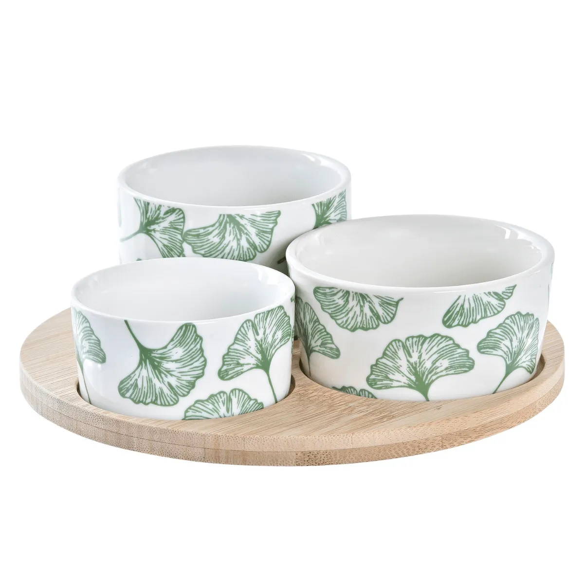 Set Apéritif plateau rond bois Ginko avec 3 bols blanc et vert