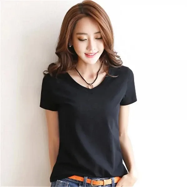 T-shirt à manches courtes et col en V pour femme, vêtement d'extérieur décontracté, en coton, couleur unie, blanc, noir