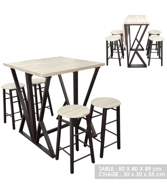 Table de Bar Pliable + 4 Tabourets de Bar en Bois et Métal Noir