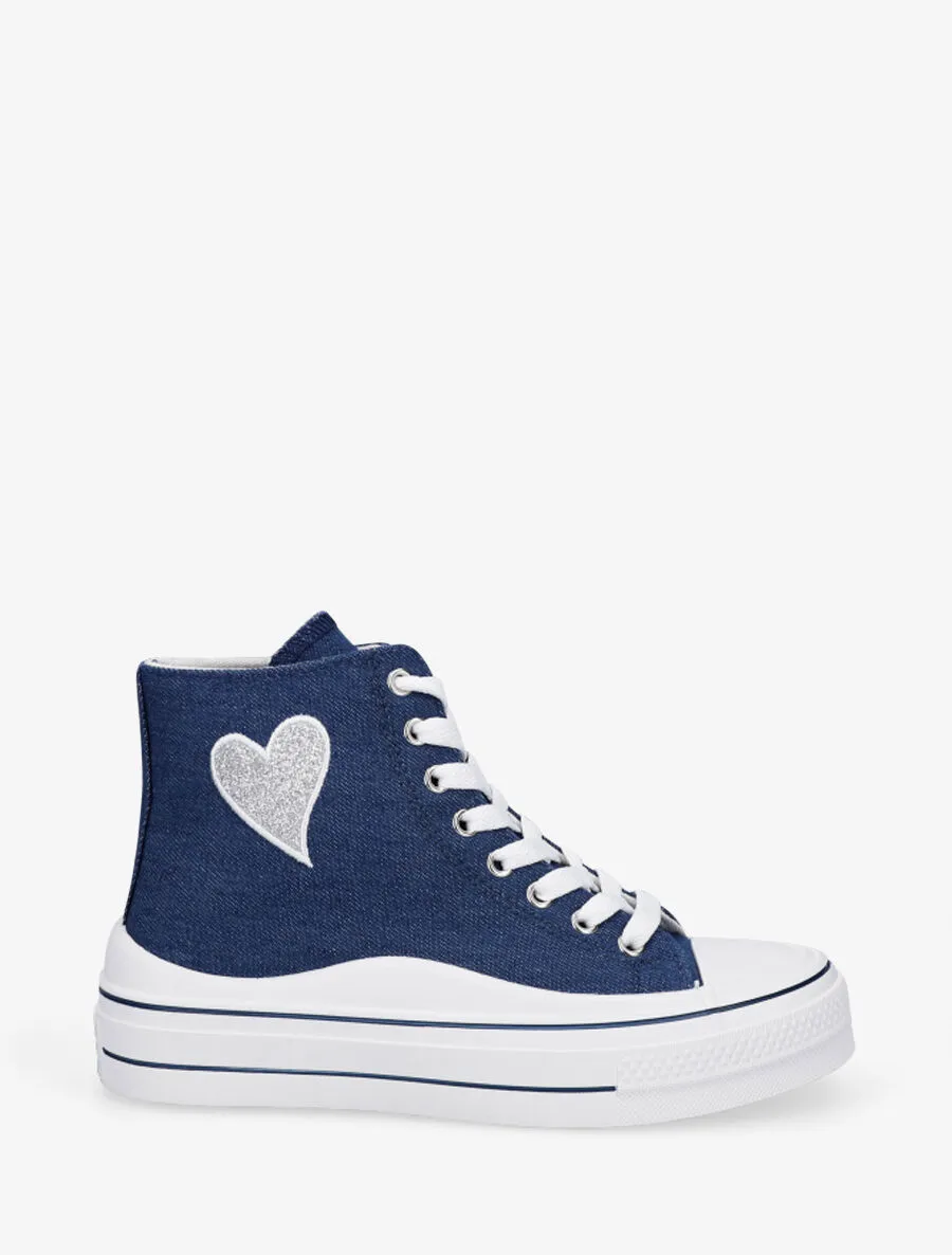 Tennis montantes motif coeur à paillettes - Bleu denim